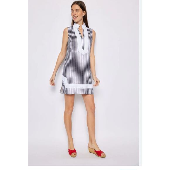 STS Woven Band Collar Split V-Neck Sleeveless Contrast Trim Tunic Shift Dress M - Picture 2 of 13